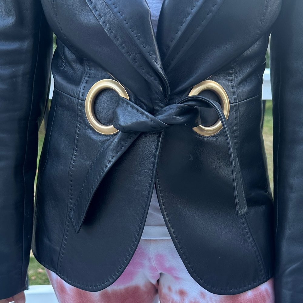 Escada Black Leather Jacket with Gold Accents - Picture 3 of 14